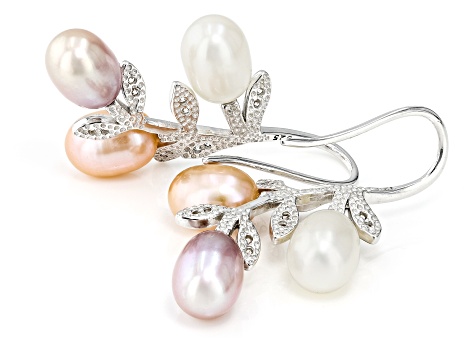 Multi-Color Cultured Freshwater Pearl & Cubic Zirconia Rhodium Over Sterling Silver Earrings
