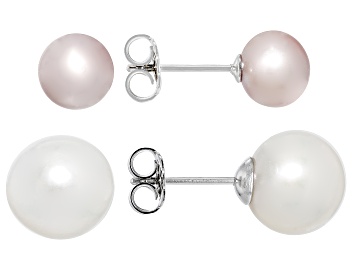 Picture of Lavender and White Cultured Freshwater Pearl Rhodium Over Sterling Earring Set of 2