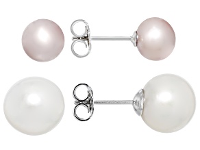 Lavender and White Cultured Freshwater Pearl Rhodium Over Sterling Earring Set of 2
