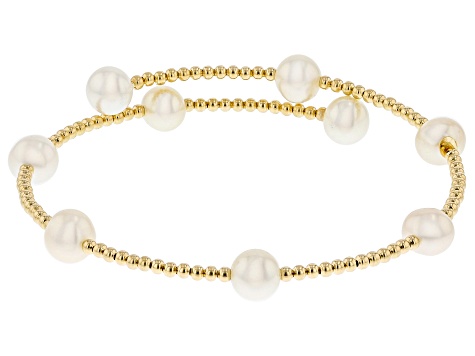 White Cultured Freshwater Pearl 14k Yellow Gold Bangle Bracelet