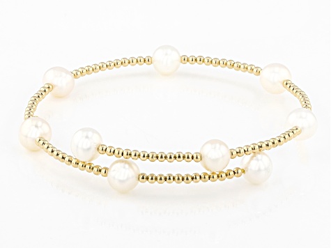 White Cultured Freshwater Pearl 14k Yellow Gold Bangle Bracelet