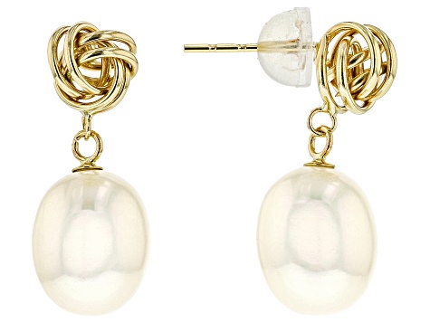 White Cultured Freshwater Pearl 14k Yellow Gold Dangle Earrings