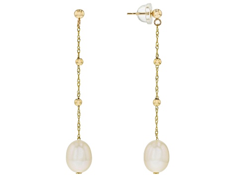 White Cultured Freshwater Pearl 14k Yellow Gold Dangle Earrings ...