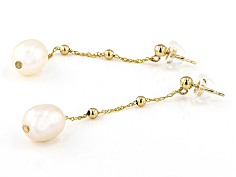 White Cultured Freshwater Pearl 14k Yellow Gold Dangle Earrings