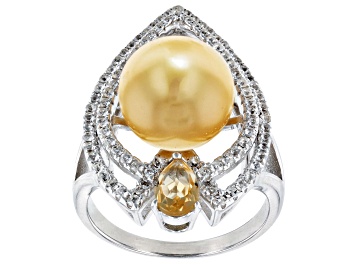 Picture of Golden Cultured South Sea Pearl, Citrine & White Topaz Rhodium Over Sterling Silver Ring 3.40ctw