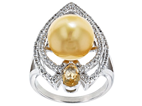 Golden Cultured South Sea Pearl, Citrine & White Topaz Rhodium Over Sterling Silver Ring 3.40ctw