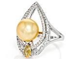 Golden Cultured South Sea Pearl, Citrine & White Topaz Rhodium Over Sterling Silver Ring 3.40ctw