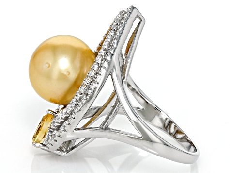 Golden Cultured South Sea Pearl, Citrine & White Topaz Rhodium Over Sterling Silver Ring 3.40ctw