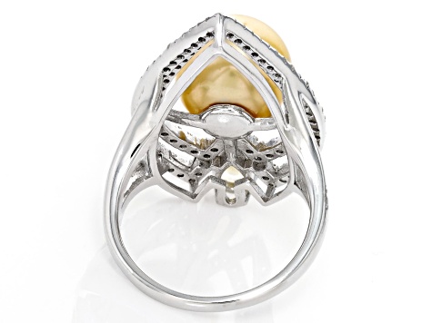 Golden Cultured South Sea Pearl, Citrine & White Topaz Rhodium Over Sterling Silver Ring 3.40ctw