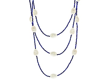Picture of White Cultured Freshwater Pearl and Lapis Lazuli Rhodium Over Sterling Silver Necklace Set of 3