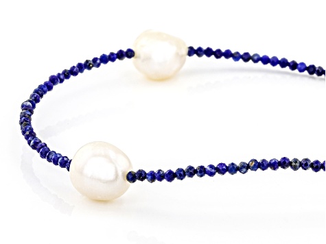 White Cultured Freshwater Pearl and Lapis Lazuli Rhodium Over Sterling Silver Necklace Set of 3