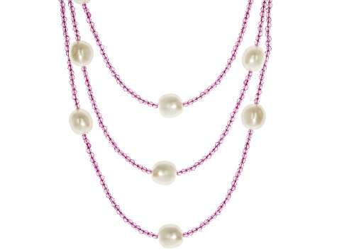 White Cultured Freshwater Pearl and Gemstone Rhodium Over Sterling Necklace Set of 3