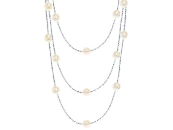 Picture of White Cultured Freshwater Pearl and Grey Labradorite Rhodium Over Silver Necklace Set of 3