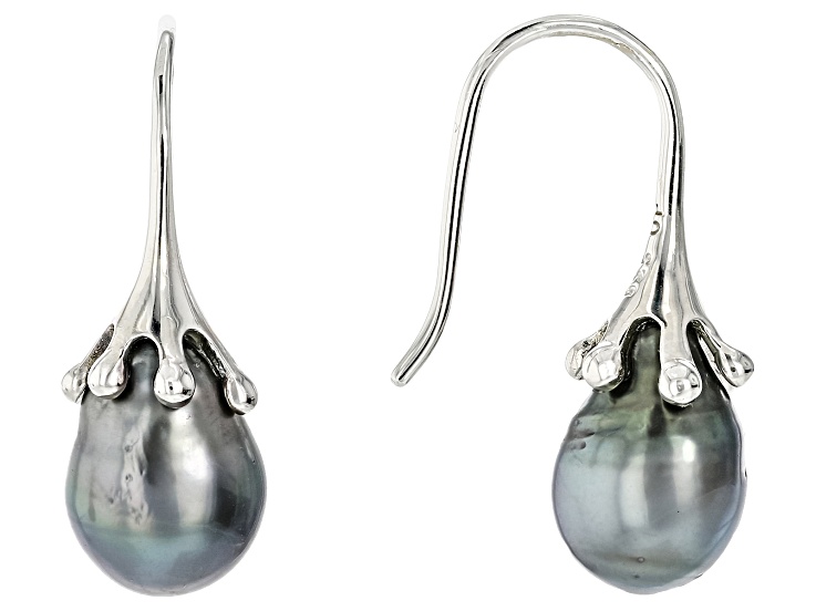 Cultured Tahitian Pearl Rhodium Over Sterling Silver Drop Earrings