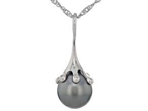 Cultured Tahitian Pearl Rhodium Over Sterling Silver Pendant with Chain