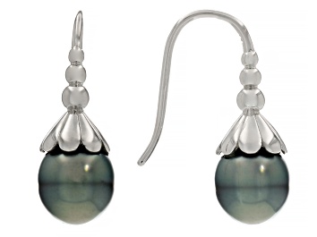 Picture of Cultured Tahitian Pearl Rhodium Over Sterling Silver Drop Earrings