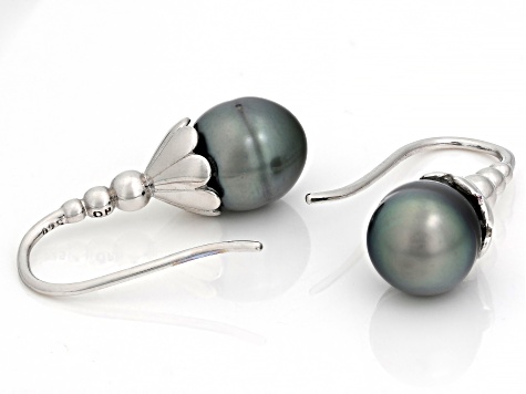 Cultured Tahitian Pearl Rhodium Over Sterling Silver Drop Earrings