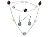 Multicolor Cultured Freshwater Pearl Rhodium Over Sterling Silver Necklace, Earring, Bracelet Set