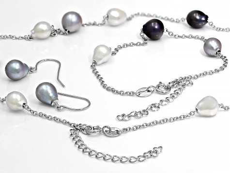 Multicolor Cultured Freshwater Pearl Rhodium Over Sterling Silver Necklace, Earring, Bracelet Set
