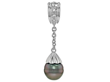 Picture of Platinum Cultured Tahitian Pearl and White Topaz Accents Rhodium Over Sterling Silver Enhancer