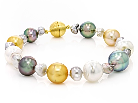 Cultured Tahitian, South Sea, and Keshi Pearls 14k Yellow Gold Over Sterling Silver Bracelet