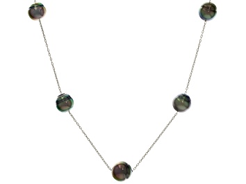 Picture of Cultured Tahitian Pearl Rhodium Over Sterling Silver Station Necklace