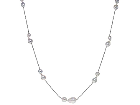 Multicolor Cultured Japanese Akoya Pearl Rhodium Over 14k White Gold Station Necklace