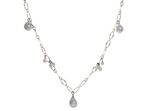 Platinum Cultured Japanese Akoya Pearl Rhodium Over Sterling Silver Station Necklace