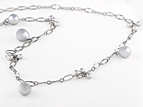 Platinum Cultured Japanese Akoya Pearl Rhodium Over Sterling Silver Station Necklace