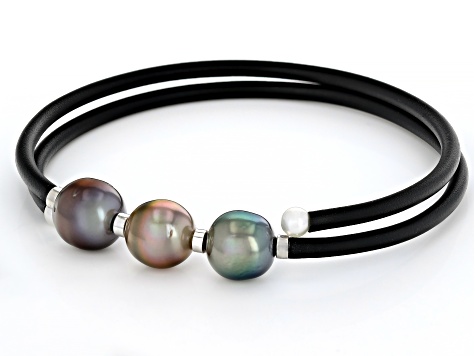Cultured Tahitian and 4-5mm Cultured Japanese Akoya Pearl Rhodium Over Sterling Bracelet