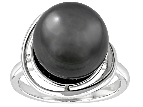 Black Cultured Tahitian Pearl Rhodium Over Sterling Silver Ring