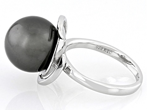Black Cultured Tahitian Pearl Rhodium Over Sterling Silver Ring