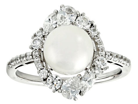 White Cultured Freshwater Pearl and White Zircon Rhodium Over Sterling Silver Ring