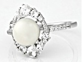 White Cultured Freshwater Pearl and White Zircon Rhodium Over Sterling Silver Ring