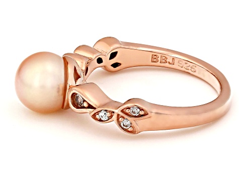 Peach Cultured Freshwater Pearl and White Zircon 14k Rose Gold Over Sterling Silver Ring