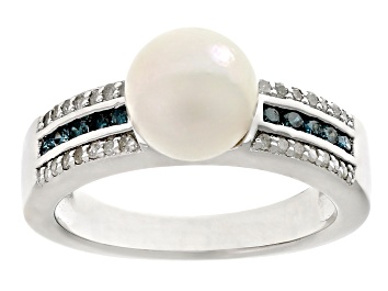 Picture of White Cultured Japanese Akoya Pearl and Blue & White Diamond Rhodium Over Sterling Silver Ring