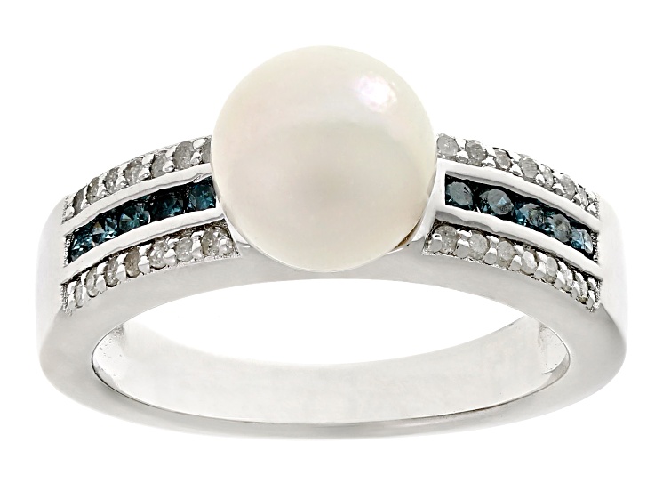 White Cultured Japanese Akoya Pearl and Blue & White Diamond Rhodium Over  Sterling Silver Ring