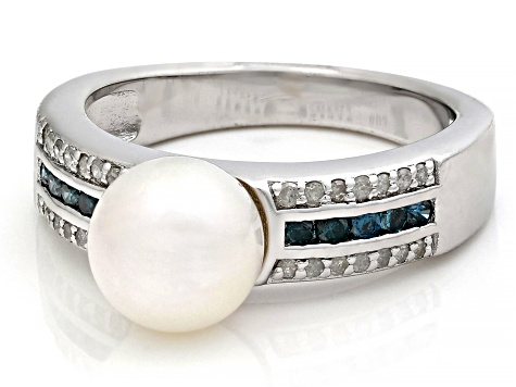 White Cultured Japanese Akoya Pearl and Blue & White Diamond 