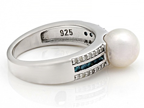 White Cultured Japanese Akoya Pearl and Blue & White Diamond Rhodium Over Sterling Silver Ring