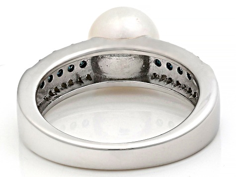 White Cultured Japanese Akoya Pearl and Blue & White Diamond Rhodium Over Sterling Silver Ring