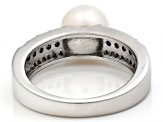 White Cultured Japanese Akoya Pearl and Blue & White Diamond Rhodium Over Sterling Silver Ring