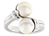 White Cultured Japanese Akoya Pearl Rhodium Over Sterling Silver Bypass Ring