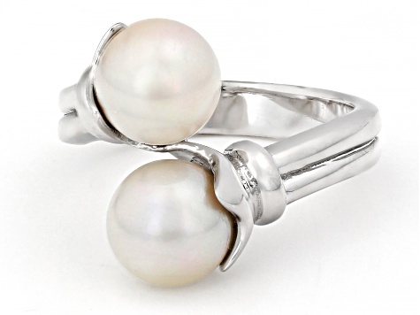 White Cultured Japanese Akoya Pearl Rhodium Over Sterling Silver Bypass Ring