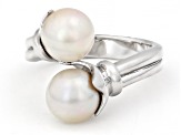 White Cultured Japanese Akoya Pearl Rhodium Over Sterling Silver Bypass Ring