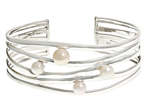 White Cultured Freshwater Pearl Rhodium Over Sterling Silver Bangle ...
