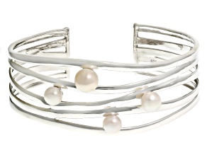 White Cultured Freshwater Pearl Rhodium Over Sterling Silver Bangle Bracelet