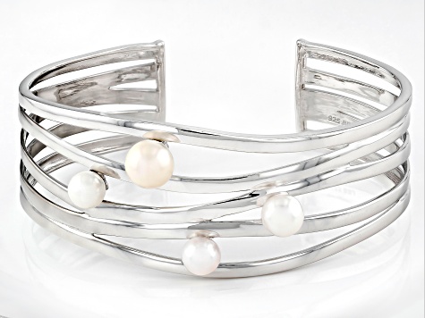 White Cultured Freshwater Pearl Rhodium Over Sterling Silver Bangle Bracelet