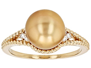 Golden Cultured South Sea Pearl and Lab Grown Diamonds 14k Yellow Gold Ring