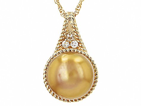 Golden Cultured South Sea Pearl and Lab Grown Diamonds 14k Yellow Gold Pendant with Chain