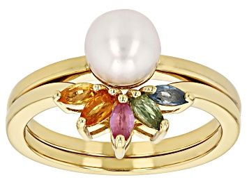 Picture of White Cultured Freshwater Pearl & Multicolor Sapphire 18k Gold Over Sterling Silver Ring Set